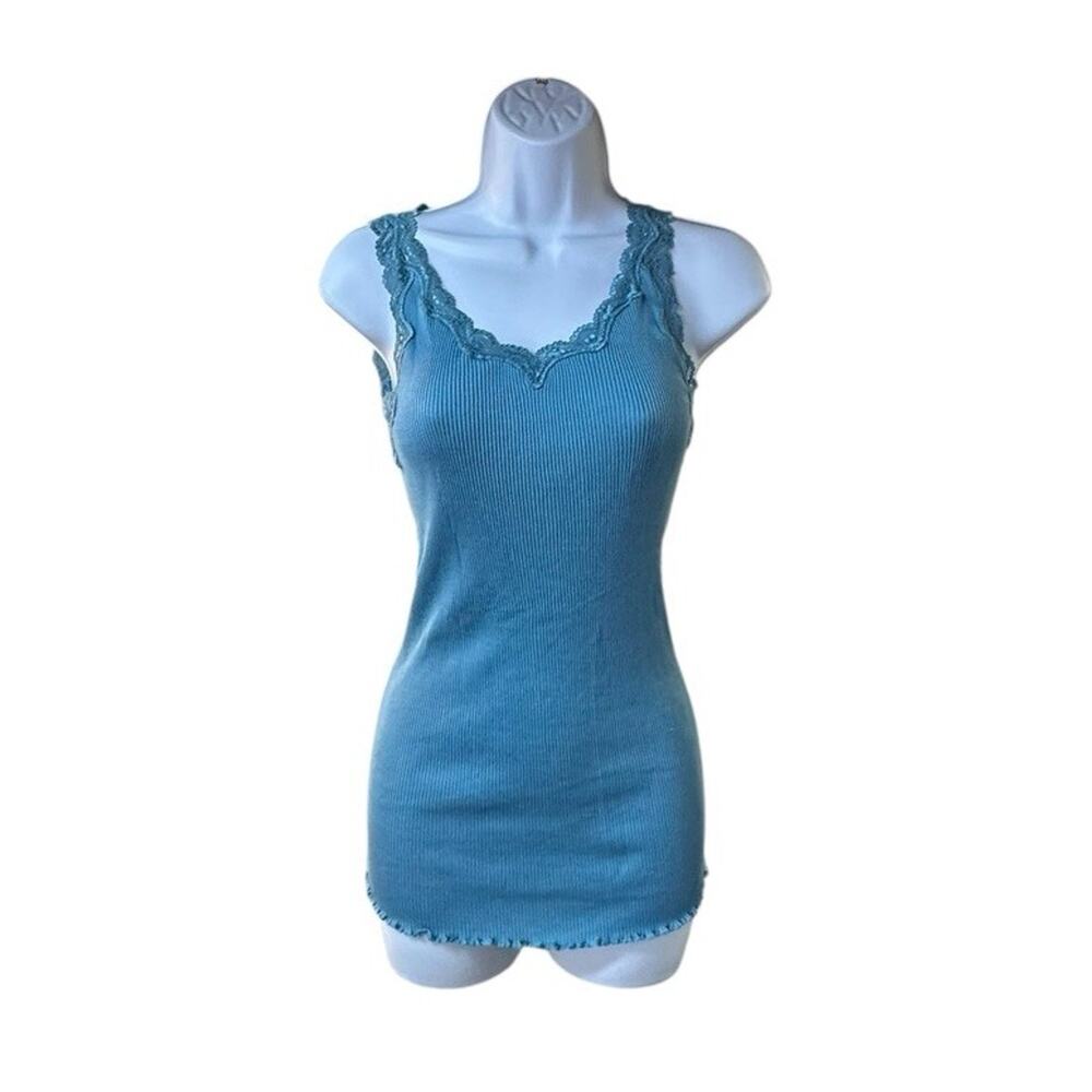 Georgiou Studio 100% Silk Ribbed Knit Lace Trim Tank Top Teal Blue Y2K XL